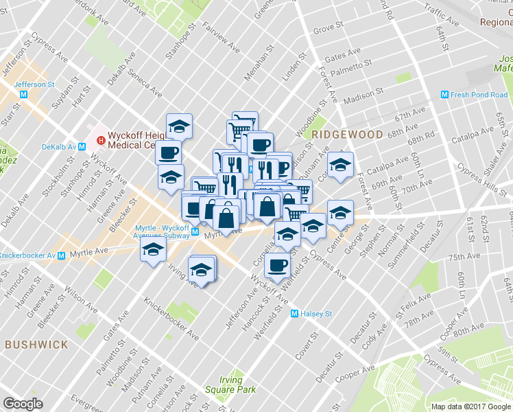 map of restaurants, bars, coffee shops, grocery stores, and more near 1684 Woodbine Street in Queens