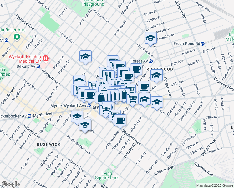 map of restaurants, bars, coffee shops, grocery stores, and more near 1684 Woodbine Street in Queens