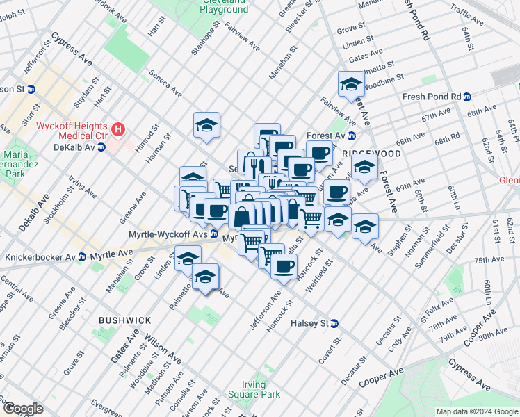map of restaurants, bars, coffee shops, grocery stores, and more near 1684 Woodbine Street in Queens