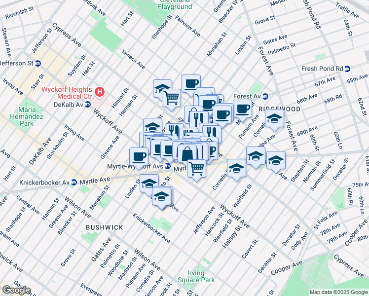 map of restaurants, bars, coffee shops, grocery stores, and more near 1645 Palmetto Street in Queens
