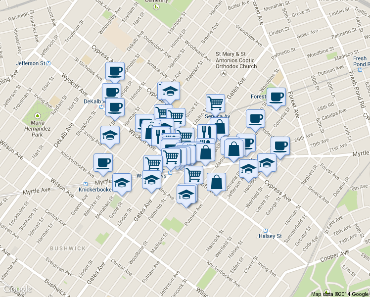 map of restaurants, bars, coffee shops, grocery stores, and more near 310 Saint Nicholas Avenue in Brooklyn