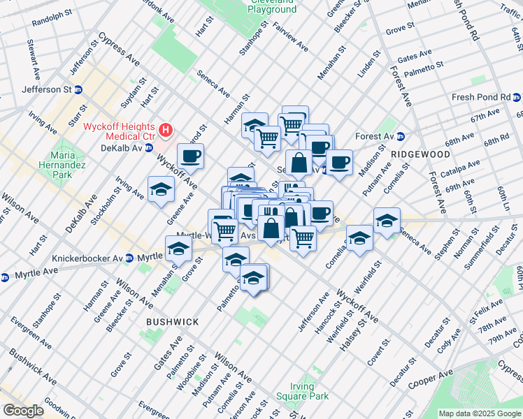 map of restaurants, bars, coffee shops, grocery stores, and more near 310 Saint Nicholas Avenue in Brooklyn