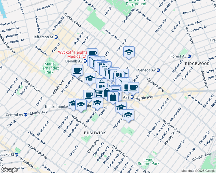 map of restaurants, bars, coffee shops, grocery stores, and more near 337 Bleecker Street in Brooklyn