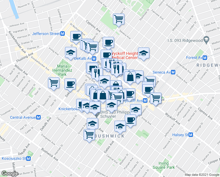 map of restaurants, bars, coffee shops, grocery stores, and more near 1395 Greene Avenue in Brooklyn