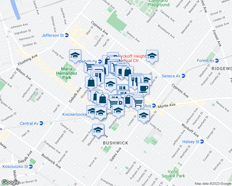 map of restaurants, bars, coffee shops, grocery stores, and more near 1395 Greene Avenue in Brooklyn