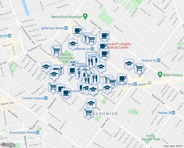 map of restaurants, bars, coffee shops, grocery stores, and more near 234B Stanhope Street in Brooklyn