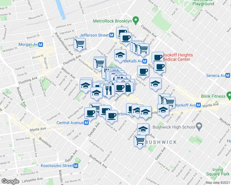 map of restaurants, bars, coffee shops, grocery stores, and more near 342 Knickerbocker Avenue in Brooklyn