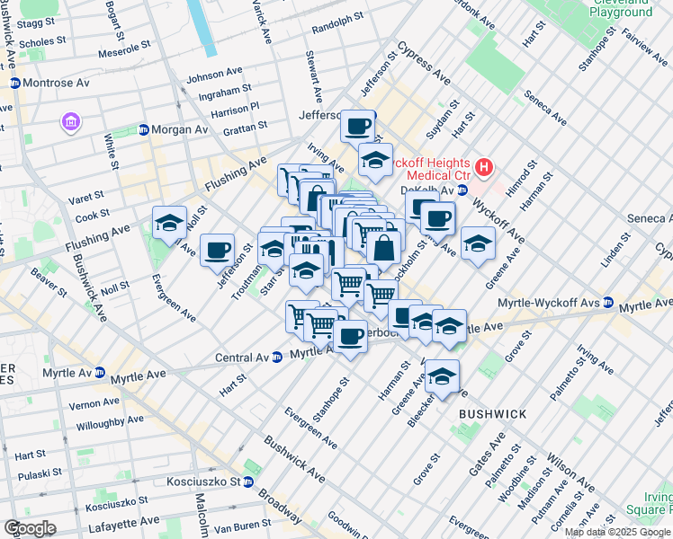 map of restaurants, bars, coffee shops, grocery stores, and more near 228 Suydam Street in Brooklyn