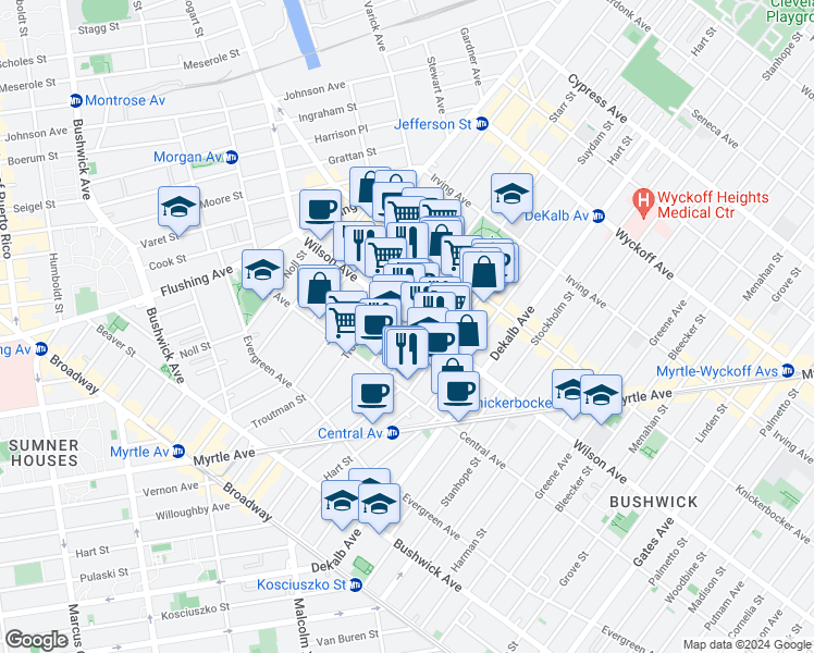 map of restaurants, bars, coffee shops, grocery stores, and more near 35 Starr Street in Brooklyn