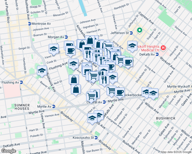map of restaurants, bars, coffee shops, grocery stores, and more near 174 Jefferson Street in Brooklyn