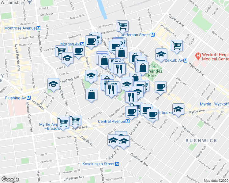 map of restaurants, bars, coffee shops, grocery stores, and more near 174 Jefferson Street in Brooklyn