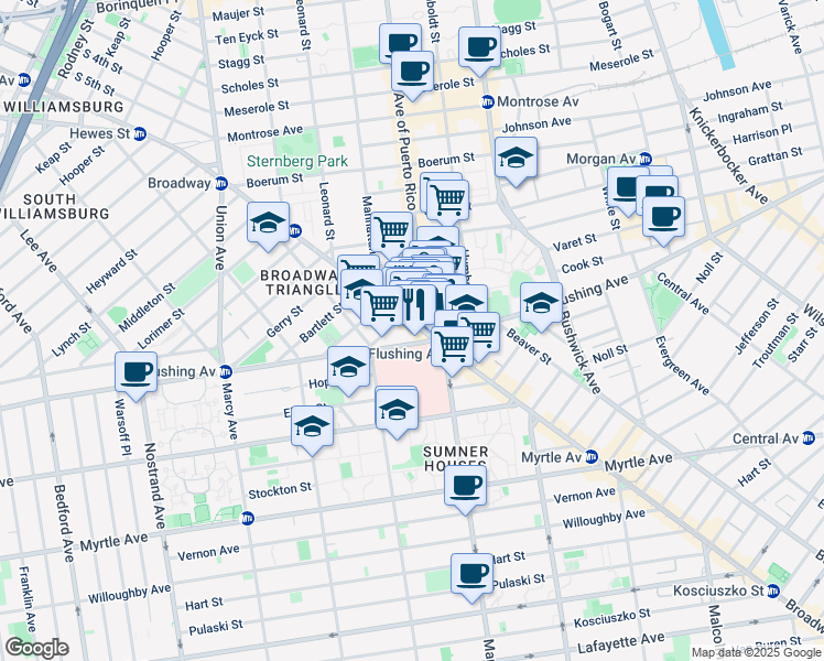 map of restaurants, bars, coffee shops, grocery stores, and more near 724 Broadway in Brooklyn