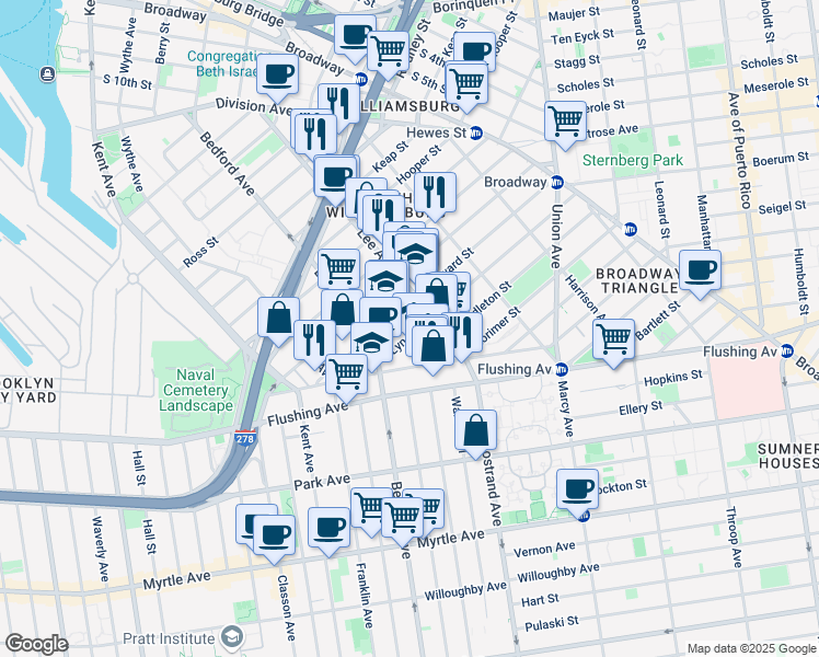 map of restaurants, bars, coffee shops, grocery stores, and more near 61 Lynch Street in Brooklyn
