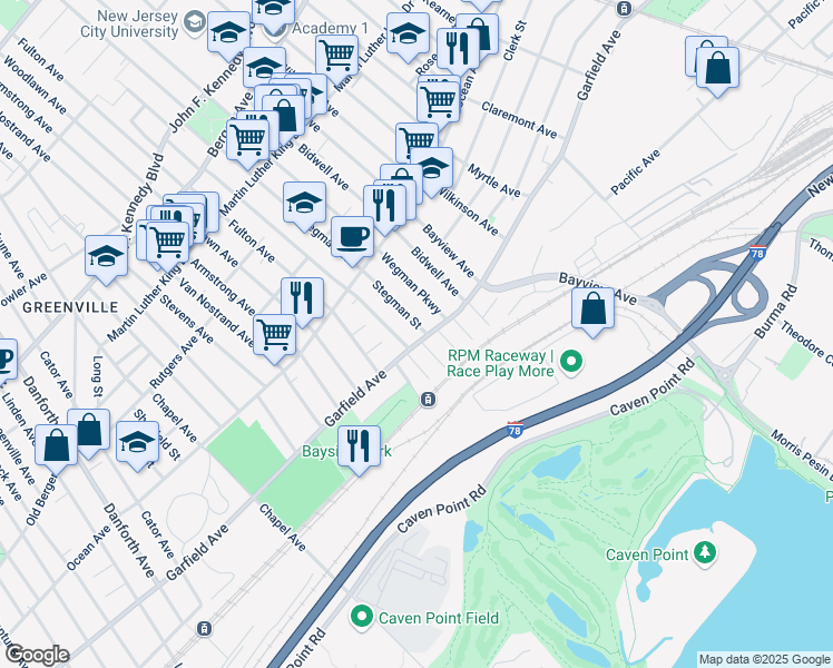 map of restaurants, bars, coffee shops, grocery stores, and more near 593 Garfield Avenue in Jersey City