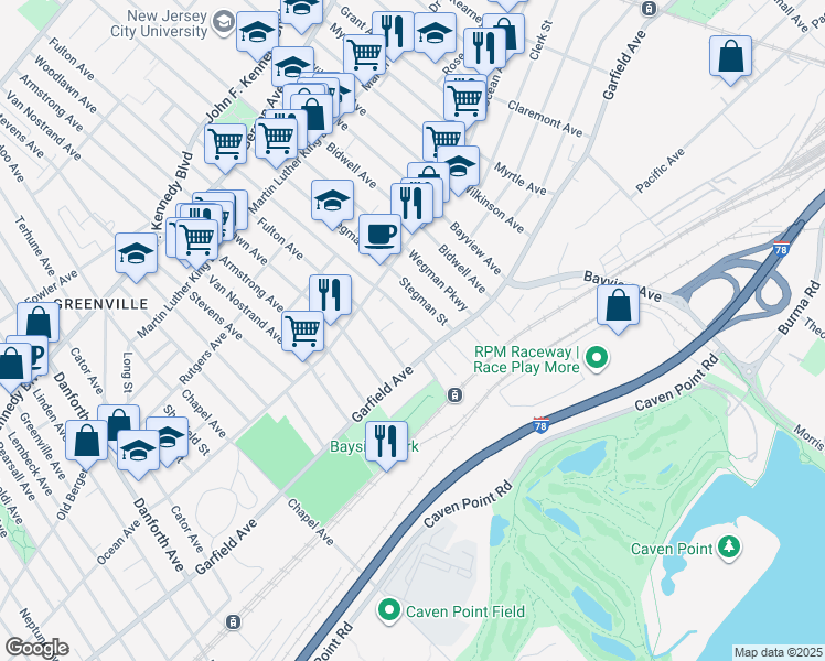 map of restaurants, bars, coffee shops, grocery stores, and more near 17 Bayside Place in Jersey City