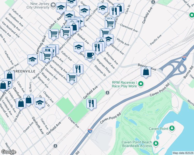 map of restaurants, bars, coffee shops, grocery stores, and more near 17 Bayside Place in Jersey City