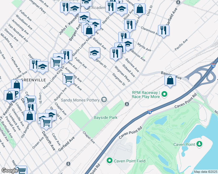 map of restaurants, bars, coffee shops, grocery stores, and more near 49A Fulton Avenue in Jersey City