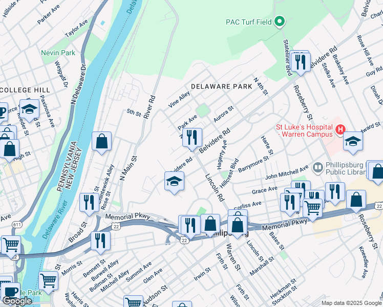 map of restaurants, bars, coffee shops, grocery stores, and more near 599 Belvidere Road in Phillipsburg