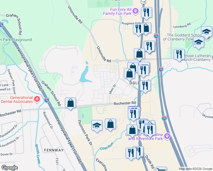 map of restaurants, bars, coffee shops, grocery stores, and more near 218 Folsom Way in Cranberry Township