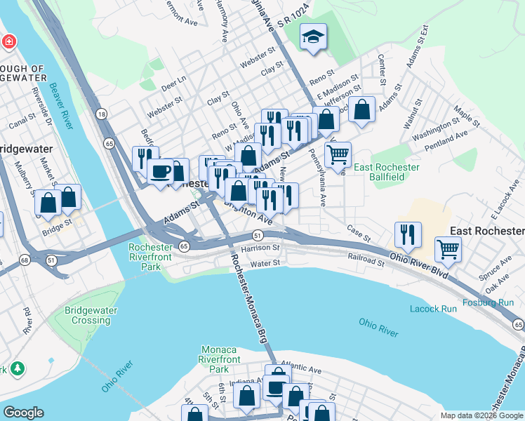 map of restaurants, bars, coffee shops, grocery stores, and more near 385 Pinney Street in Rochester