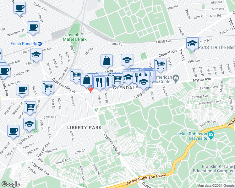 map of restaurants, bars, coffee shops, grocery stores, and more near 72-18 67th Place in Queens