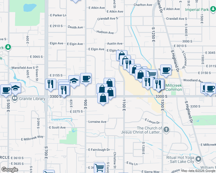 map of restaurants, bars, coffee shops, grocery stores, and more near 3235 South 1000 East in Millcreek
