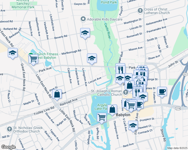 map of restaurants, bars, coffee shops, grocery stores, and more near 51 Ralph Avenue in Babylon