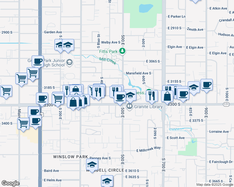 map of restaurants, bars, coffee shops, grocery stores, and more near 479 Woodland Avenue in Salt Lake City