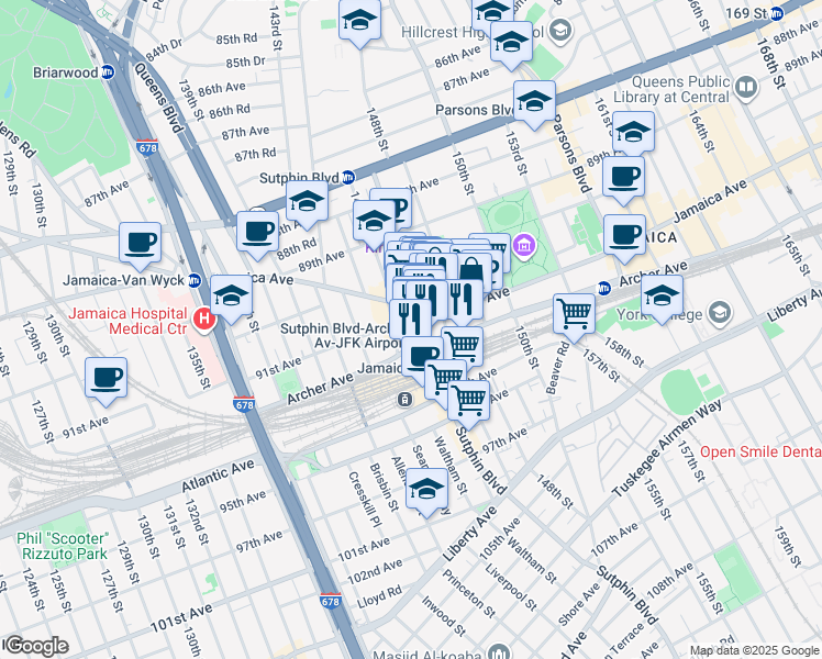 map of restaurants, bars, coffee shops, grocery stores, and more near 147- 2 Jamaica Avenue in Queens