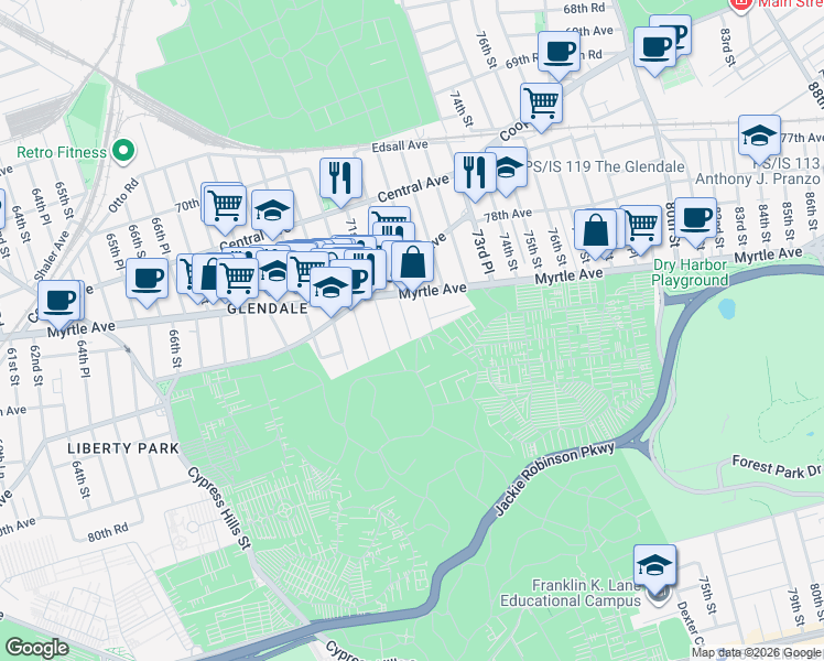 map of restaurants, bars, coffee shops, grocery stores, and more near 73-38 72nd Street in Queens