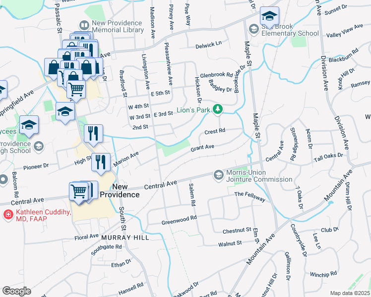 map of restaurants, bars, coffee shops, grocery stores, and more near 66 Grant Avenue in New Providence
