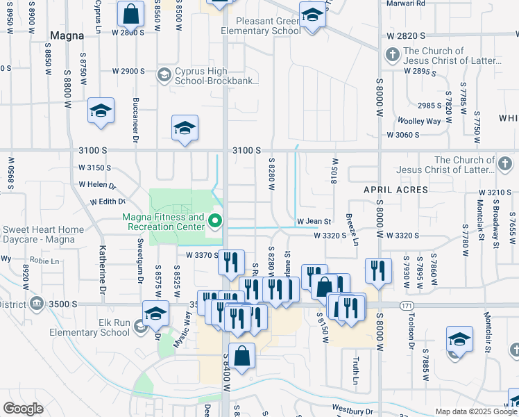 map of restaurants, bars, coffee shops, grocery stores, and more near 3255 South Rulon Street in Magna