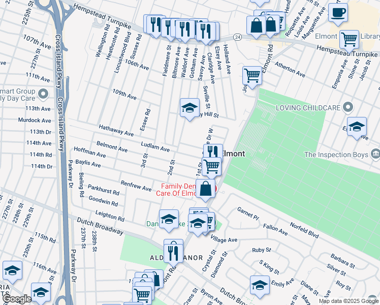 map of restaurants, bars, coffee shops, grocery stores, and more near 65 Ludlam Avenue in Elmont