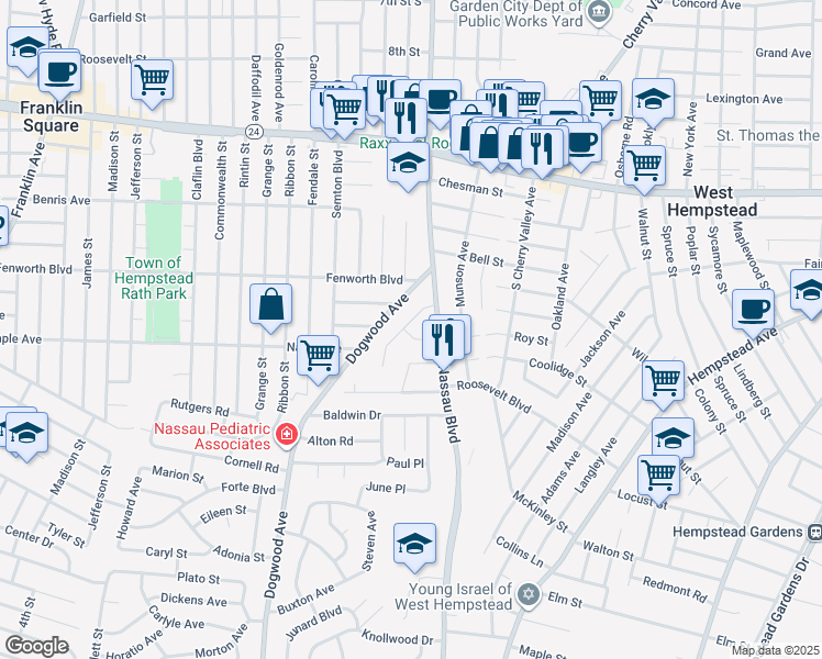 map of restaurants, bars, coffee shops, grocery stores, and more near 588 Roy Street in West Hempstead
