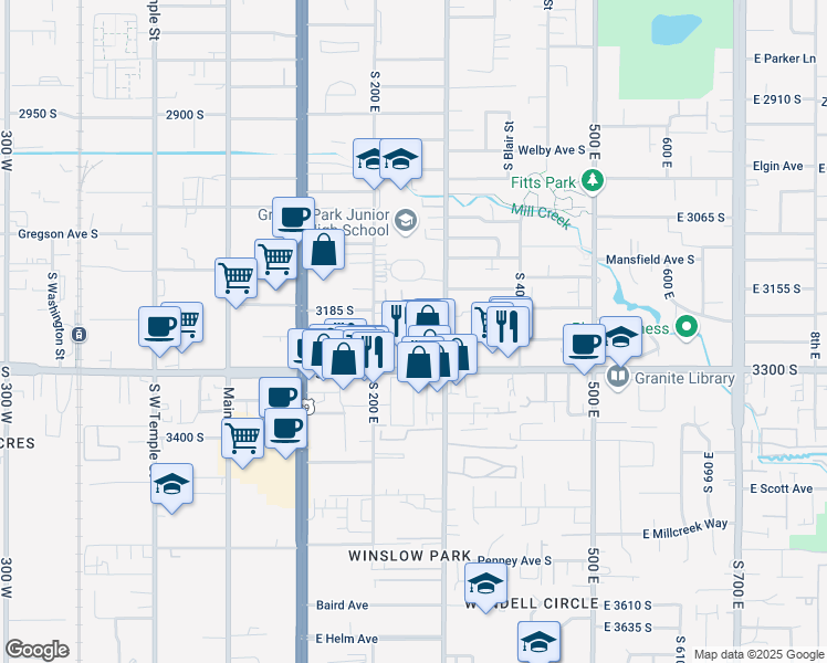 map of restaurants, bars, coffee shops, grocery stores, and more near 3198 South 300 East in South Salt Lake