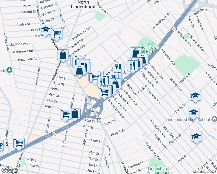 map of restaurants, bars, coffee shops, grocery stores, and more near 5266 Sunrise Highway in Lindenhurst