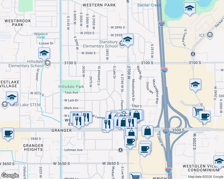 map of restaurants, bars, coffee shops, grocery stores, and more near 3260 South Lehi Drive in West Valley City