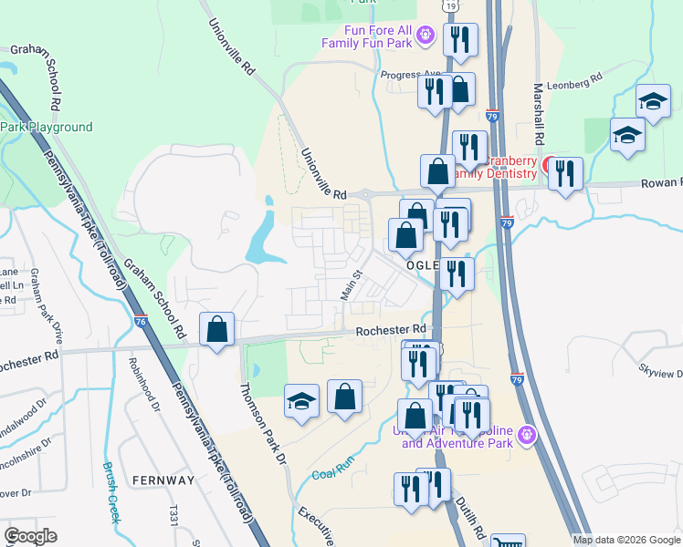 map of restaurants, bars, coffee shops, grocery stores, and more near 218 Folsom Way in Cranberry Township