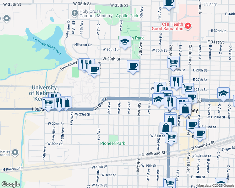 map of restaurants, bars, coffee shops, grocery stores, and more near 2510 7th Avenue in Kearney