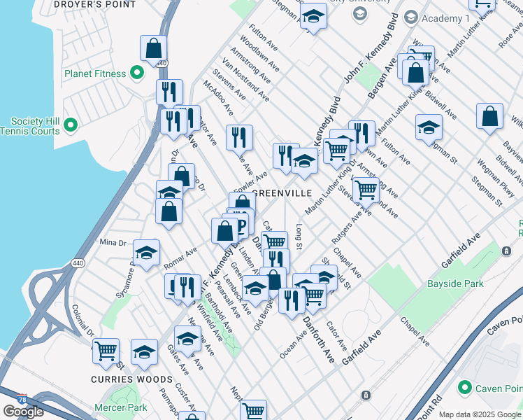 map of restaurants, bars, coffee shops, grocery stores, and more near 1761 John F Kennedy Blvd W in Jersey City