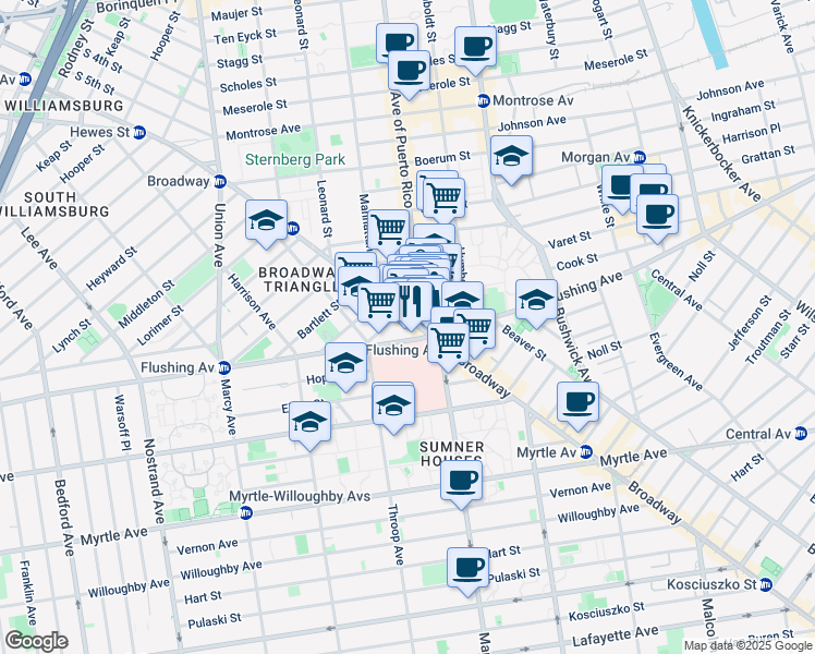 map of restaurants, bars, coffee shops, grocery stores, and more near 724 Broadway in Brooklyn