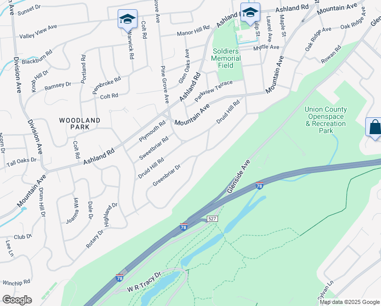 map of restaurants, bars, coffee shops, grocery stores, and more near 5 Greenbriar Drive in Summit