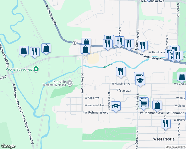 map of restaurants, bars, coffee shops, grocery stores, and more near 2900 West Heading Avenue in West Peoria