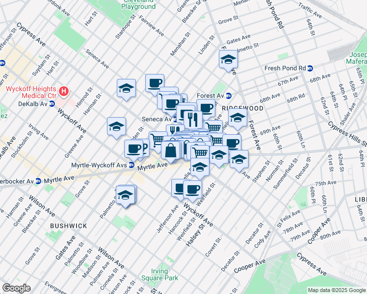 map of restaurants, bars, coffee shops, grocery stores, and more near 1708 Madison Street in Queens