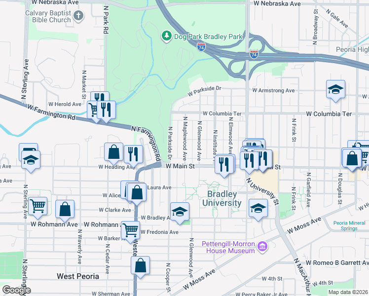 map of restaurants, bars, coffee shops, grocery stores, and more near 1027 N Maplewood Ave in Peoria