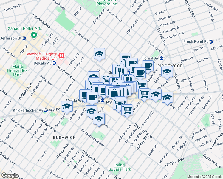 map of restaurants, bars, coffee shops, grocery stores, and more near 3-29 Saint Nicholas Avenue in New York