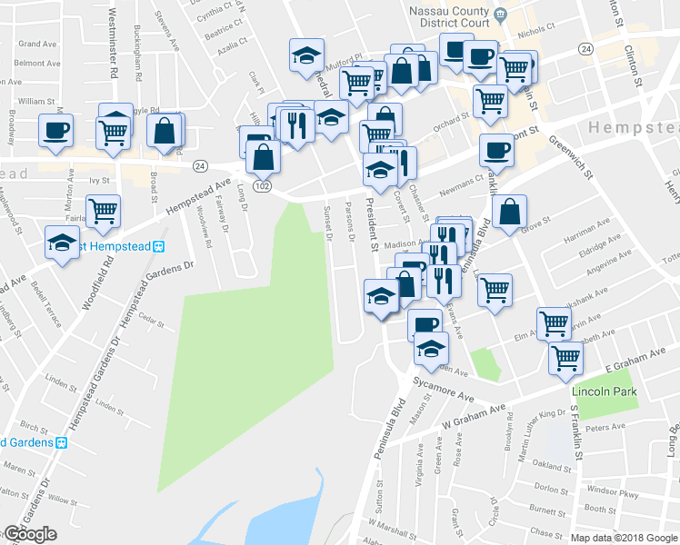 map of restaurants, bars, coffee shops, grocery stores, and more near 99 Sunset Drive in Hempstead