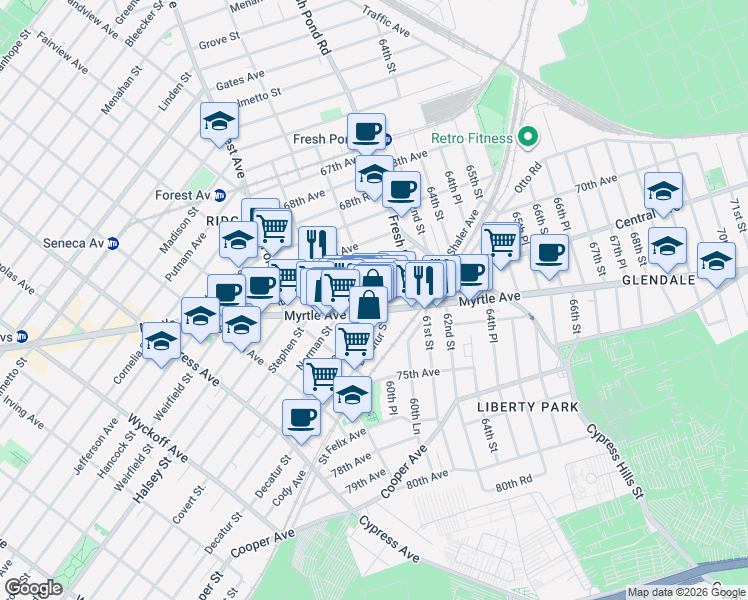 map of restaurants, bars, coffee shops, grocery stores, and more near in Queens