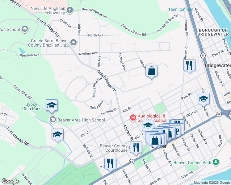 map of restaurants, bars, coffee shops, grocery stores, and more near 2 - 5799 Dutch Ridge Road in Beaver
