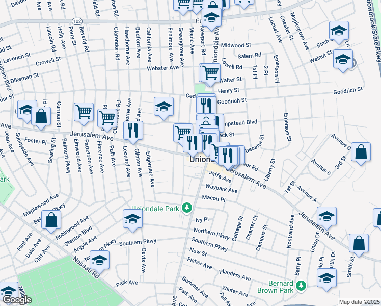 map of restaurants, bars, coffee shops, grocery stores, and more near 599 Jerusalem Avenue in Uniondale